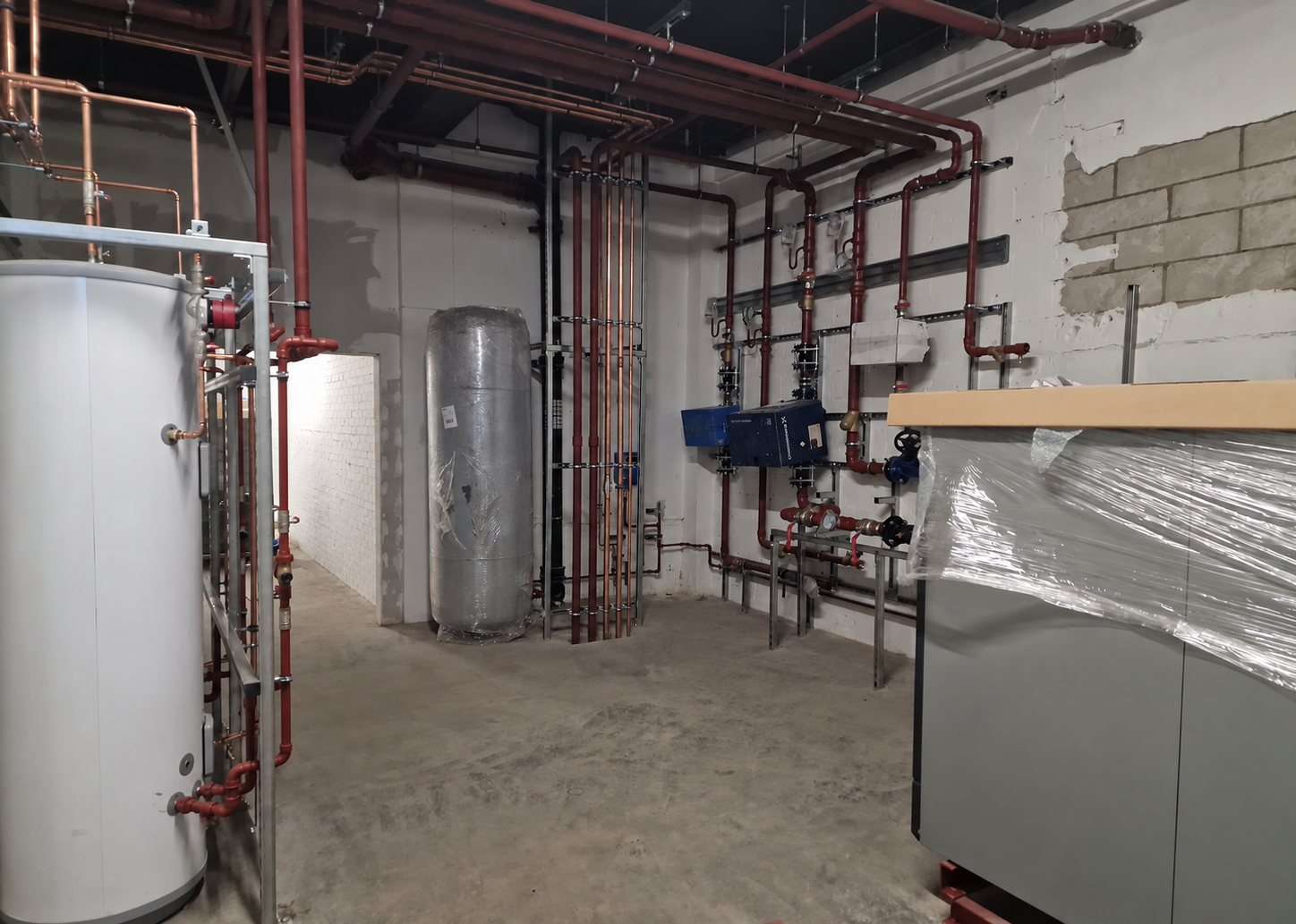 Plant room pipework and equipment during installation